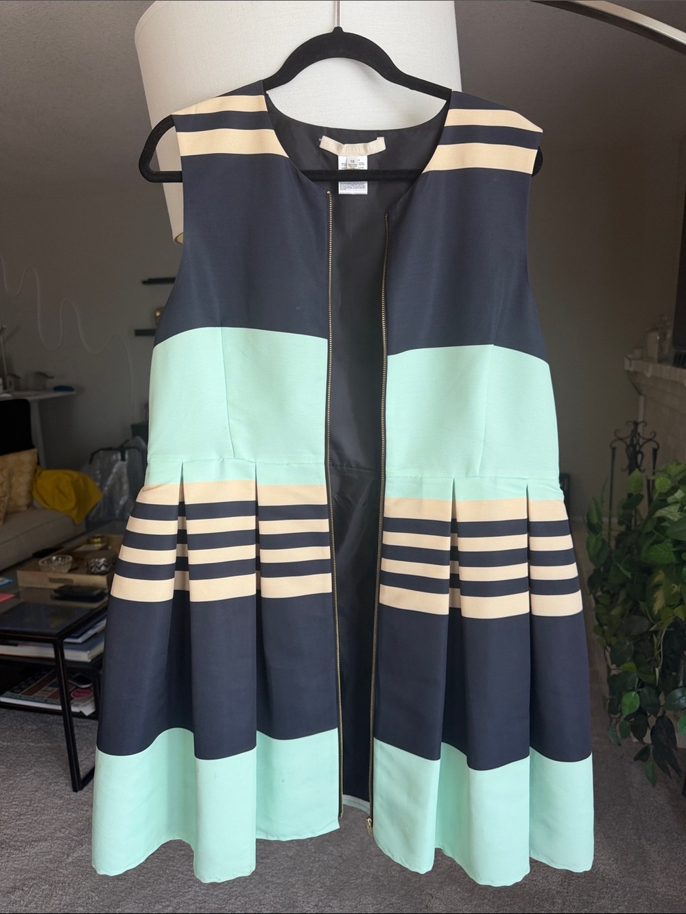 Colorblock Pleated Fit-and-Flare Dress - Mint and Navy
